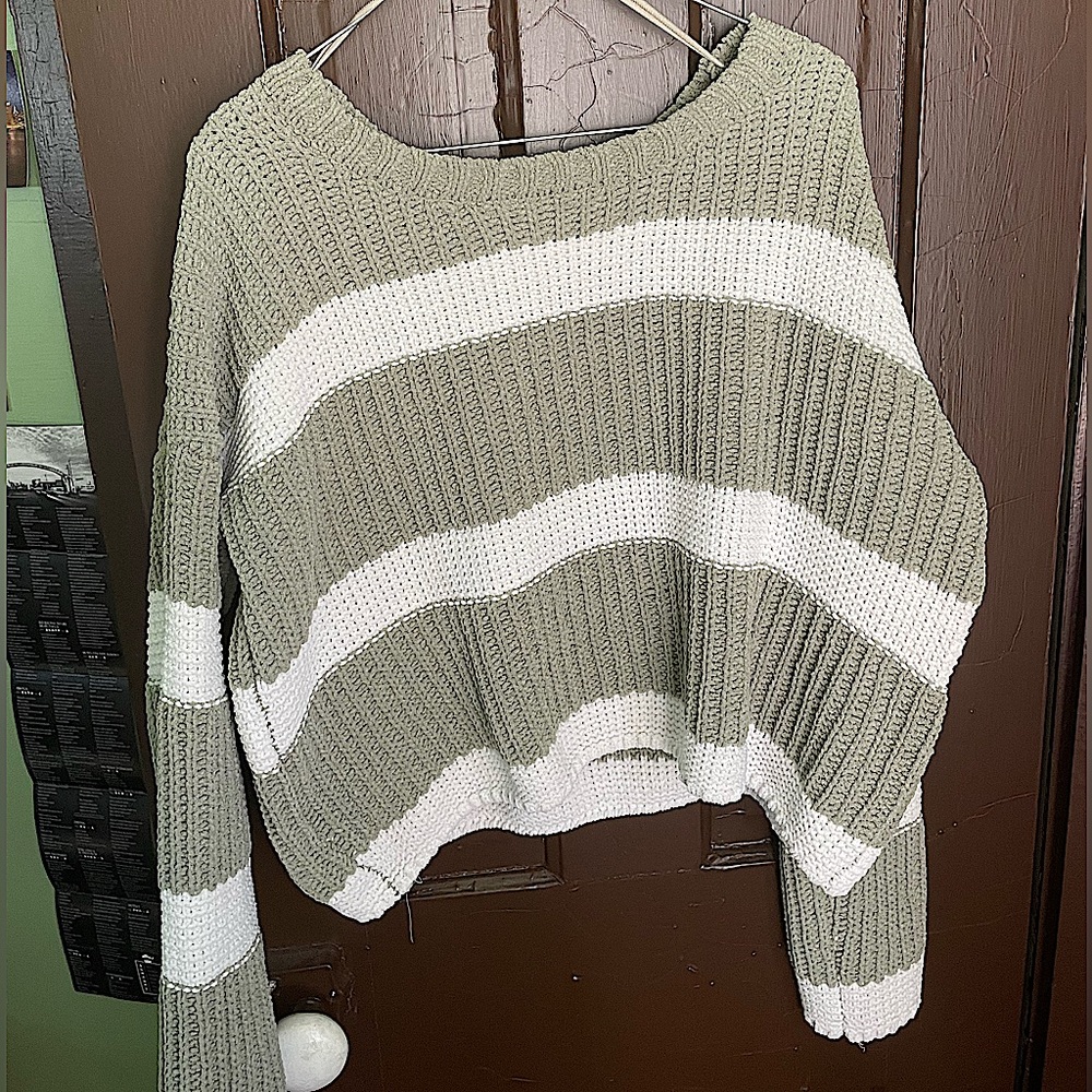 Green and White Striped Knit Pink Rose Sweater